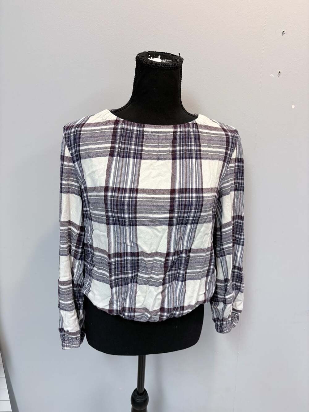 Cloth & Stone Anthropologie Plaid Long Sleeve Bubble Hem Blouse Size S